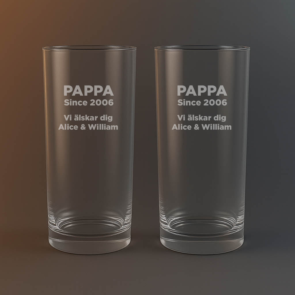 Drinkglas med texten pappa since 2006 vi älskar dig