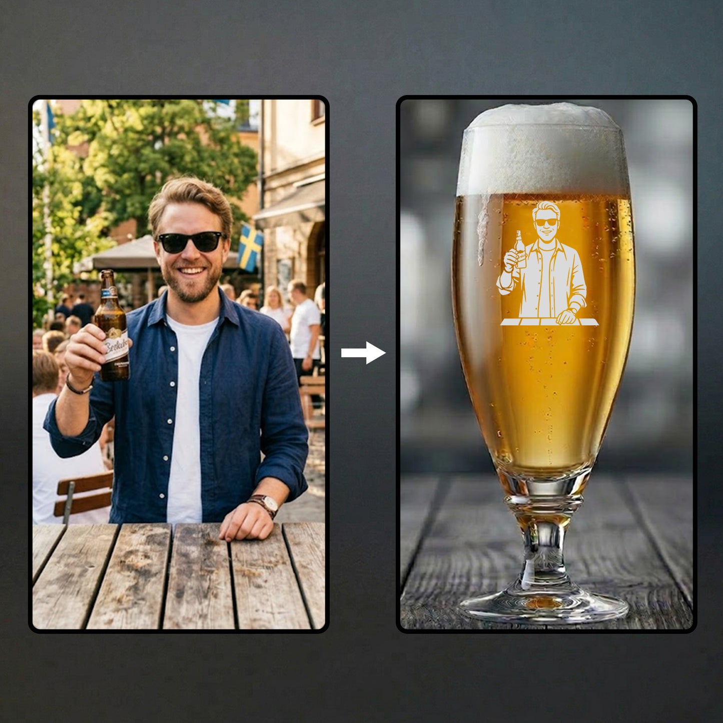 En bild på en man som håller i en öl graverad på ett ölglas