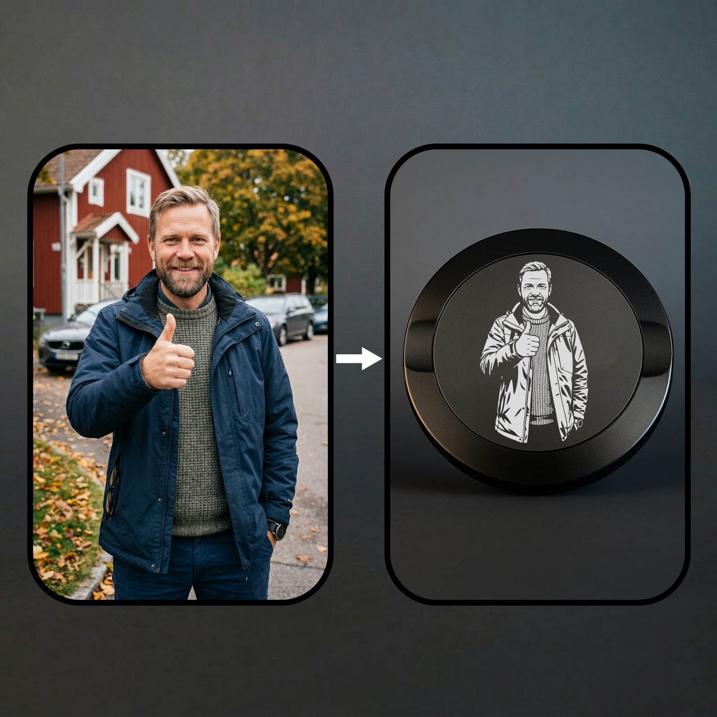 En bild på en man som gör tumme upp & sedan en bild på en snusdosa med bilden på mannen graverad på toppen av snusdosan
