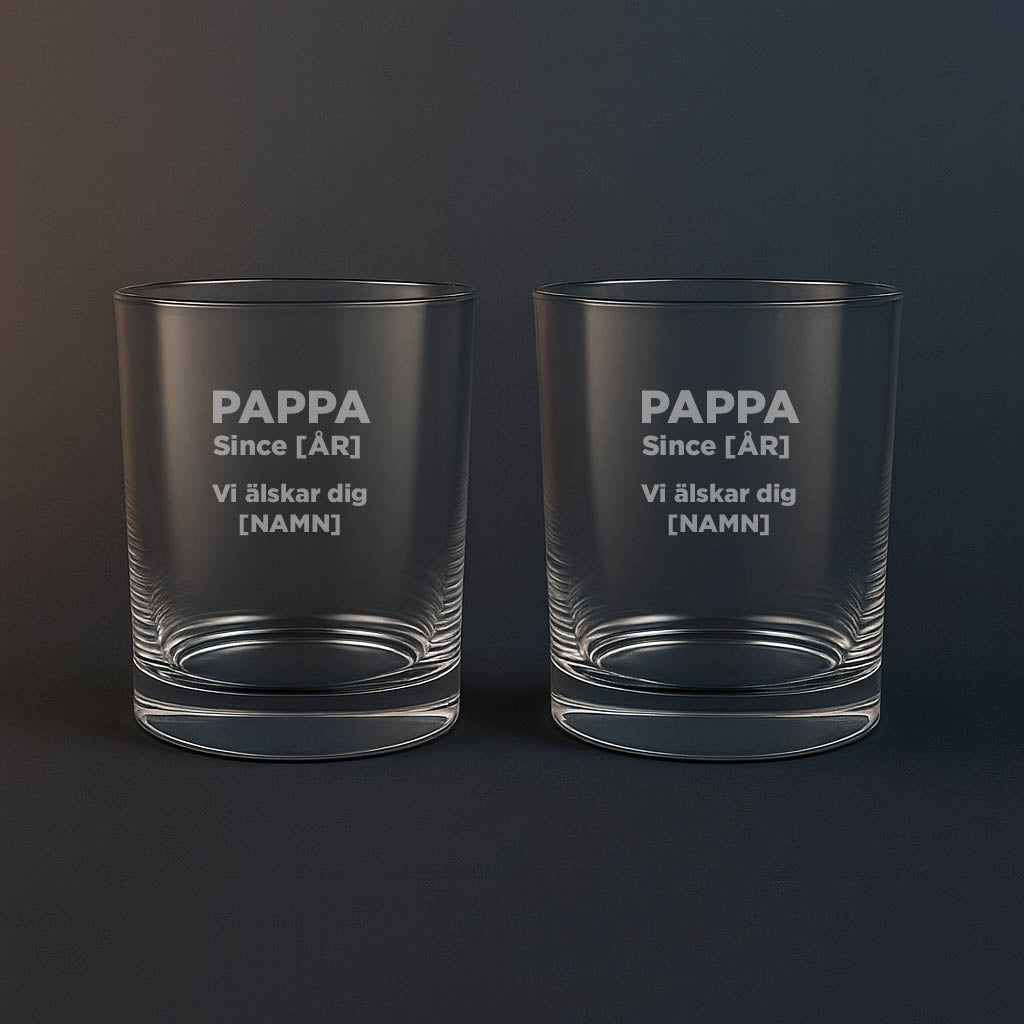 Whiskyglas med texten pappa since och ett årtal