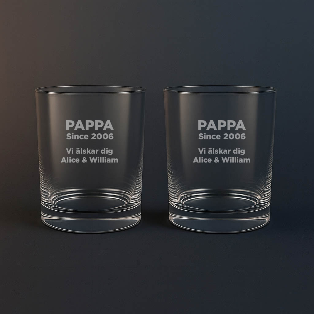 Whiskyglas med texten pappa since 2006 vi älskar dig