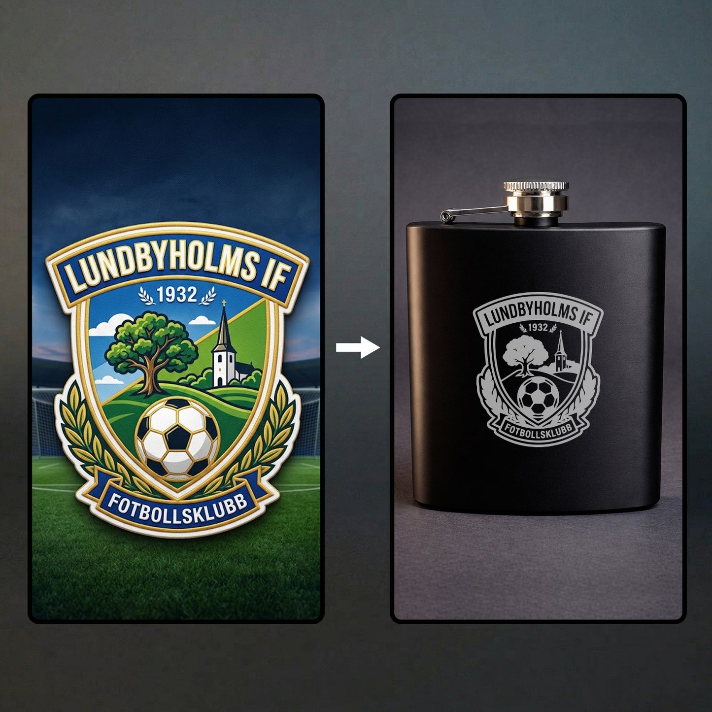 Svart fickplunta med graverad logotyp. En före- och efterbild som visar hur ett färgstarkt klubbmärke för en fotbollsklubb överförs till en exakt och detaljerad gravyr på pluntan.