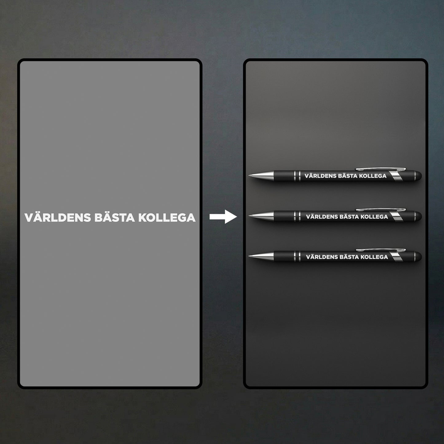 Svarta metallpennor med gravyren 'Världens bästa kollega', en perfekt och personlig present för att visa uppskattning till en arbetskamrat.