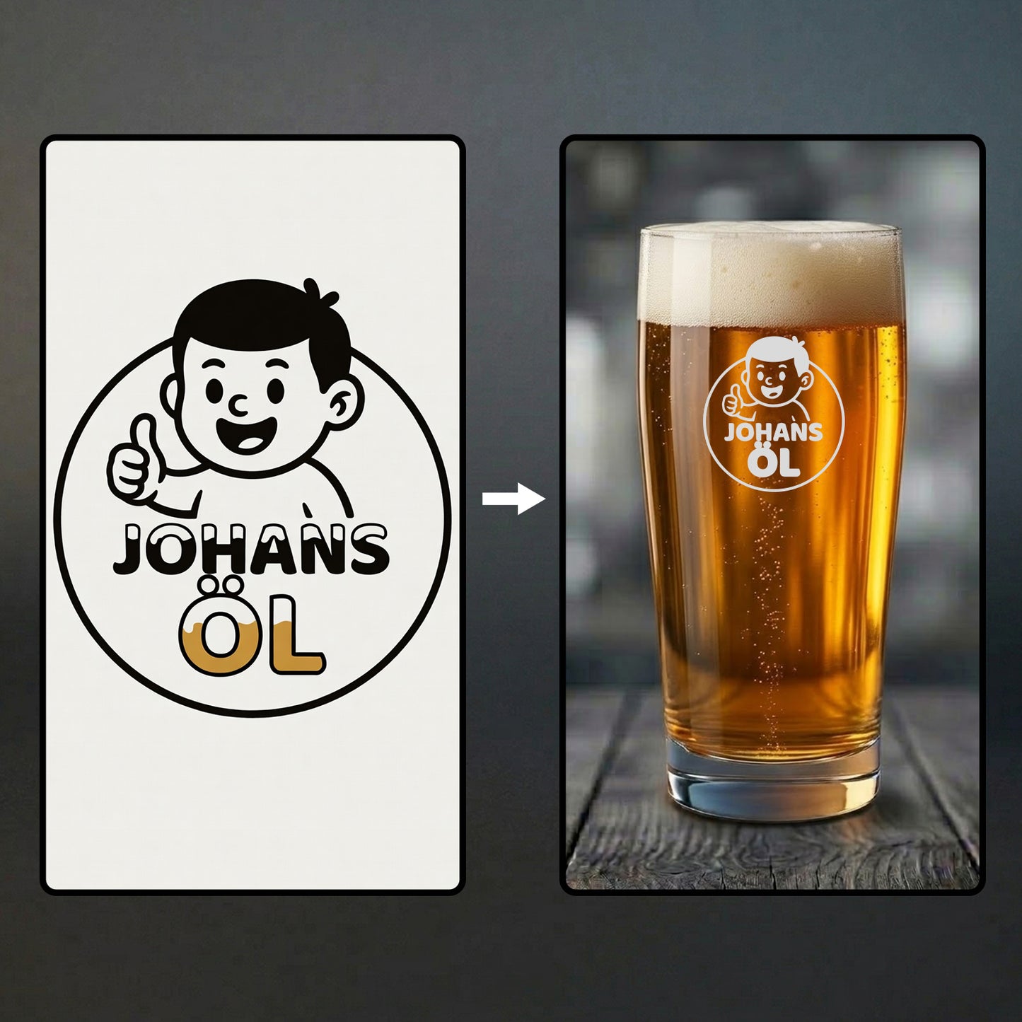 Exempel på personligt ölglas med gravyr av en egen illustration. Till vänster syns originaldesignen med en tecknad figur som gör tummen upp, och till höger det färdiga ölglaset med motivet inristat.