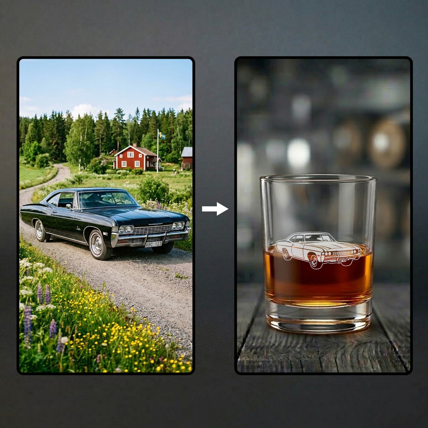 Graverat whiskyglas med ett detaljerat motiv av en klassisk veteranbil, skapat från kundens egna foto. Visar hur du kan beställa ett skräddarsytt whiskyglas med gravyr av din egen favoritbil