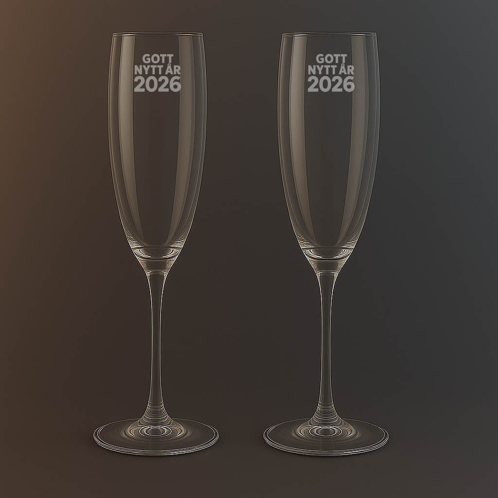 Champagneglas med texten Gott nytt år 2026
