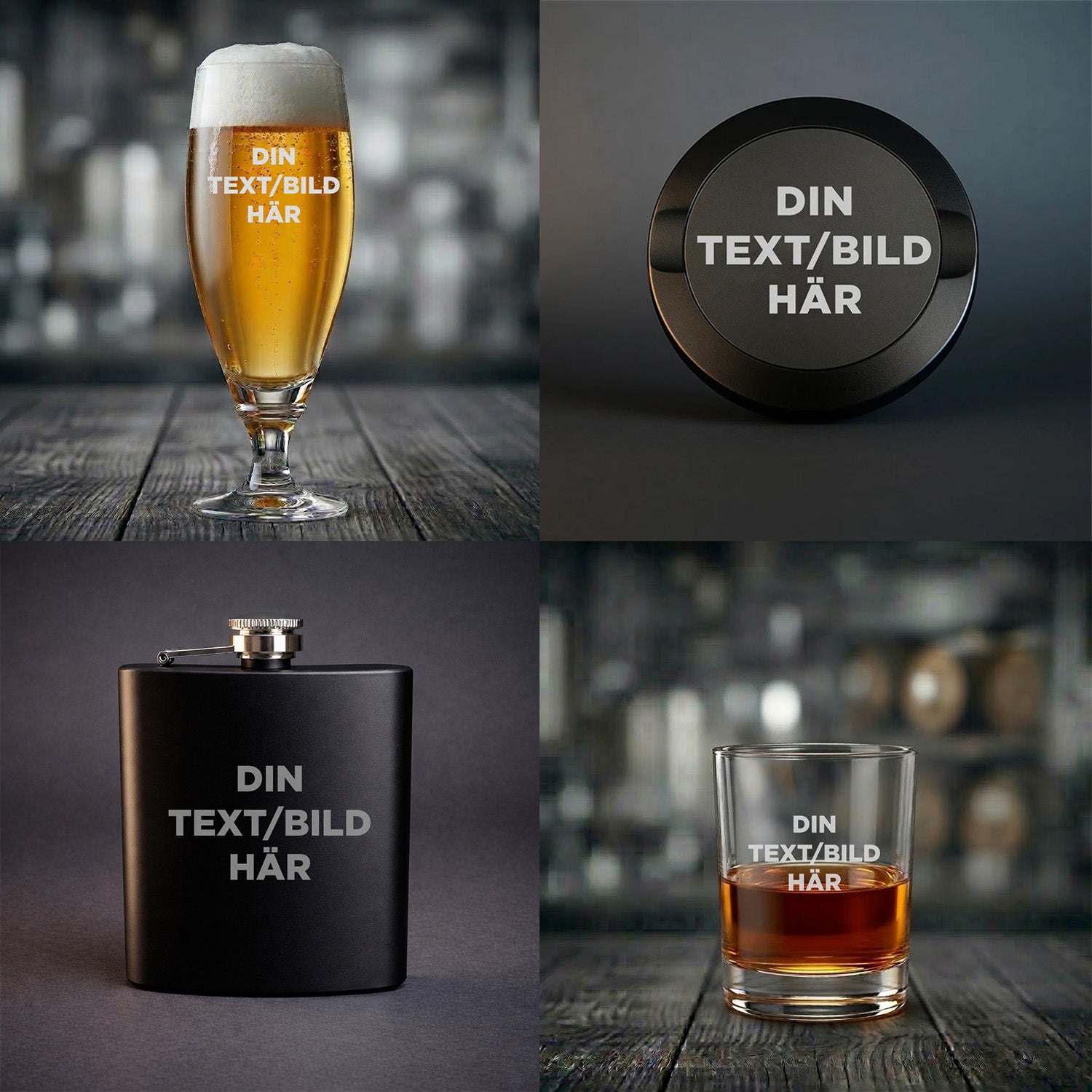 Olika produkter med möjlighet för egen gravyr med text och bild