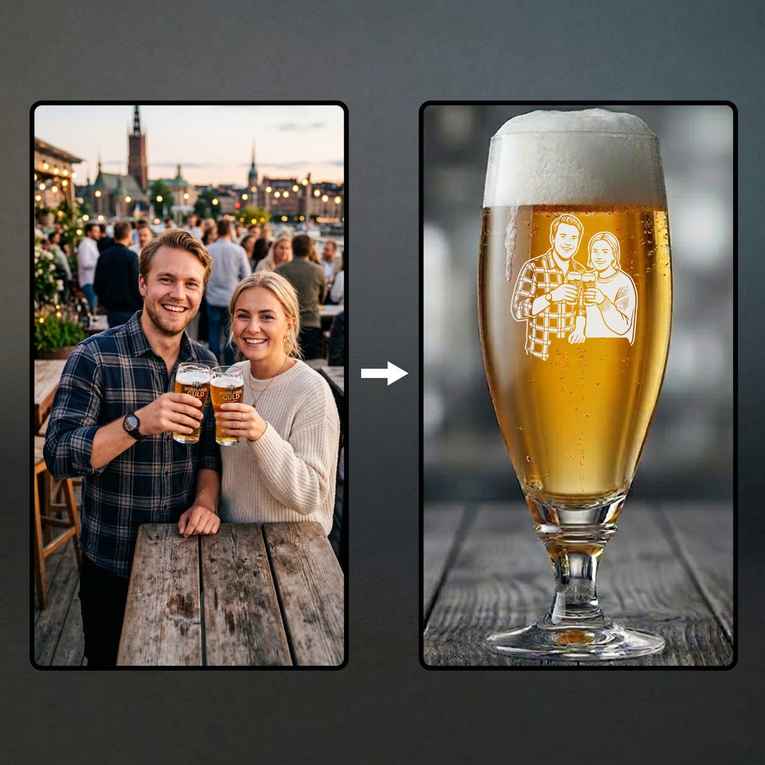 En bild på en man & en kvinna på en takbar till vänster och bilden graverad på ett ölglas till höger