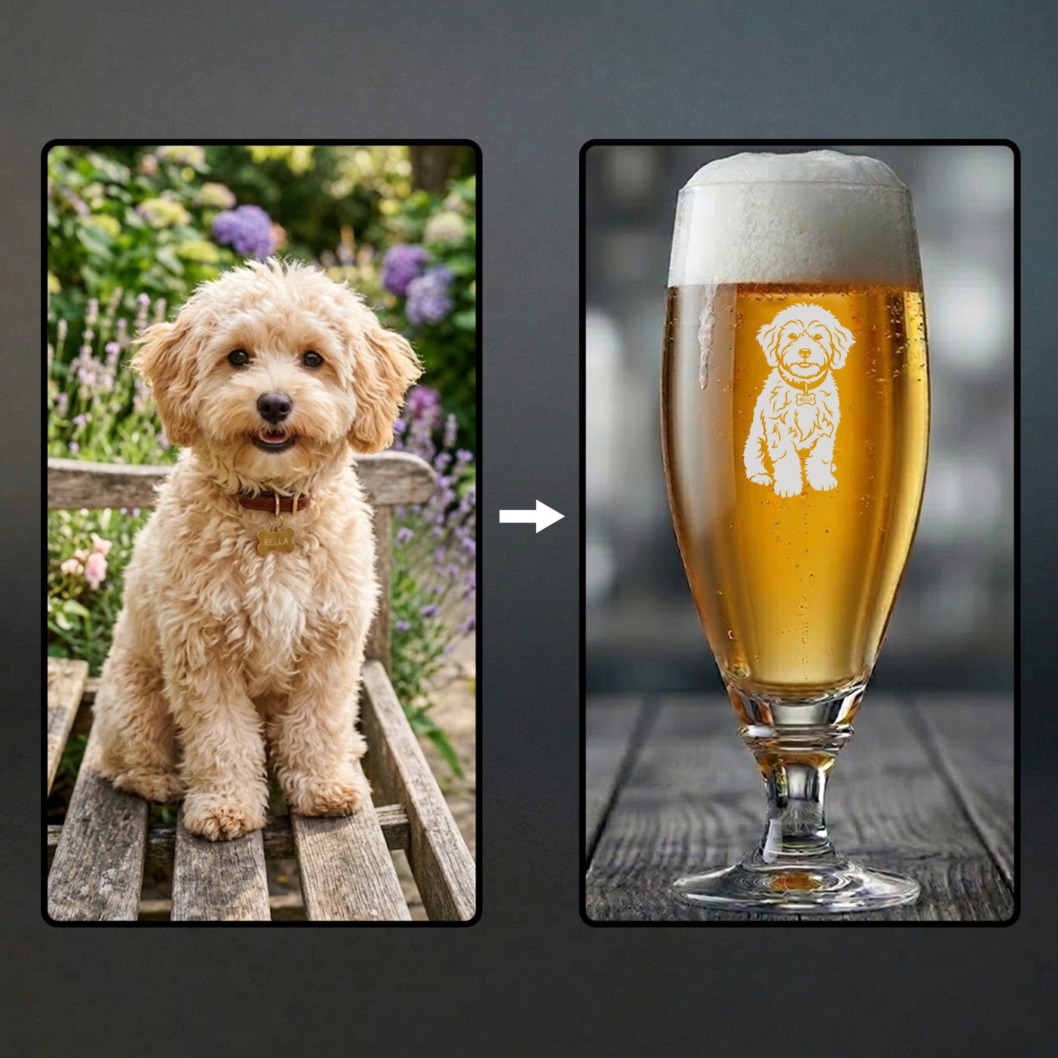 Ett ölglas med en bild på en hund graverad