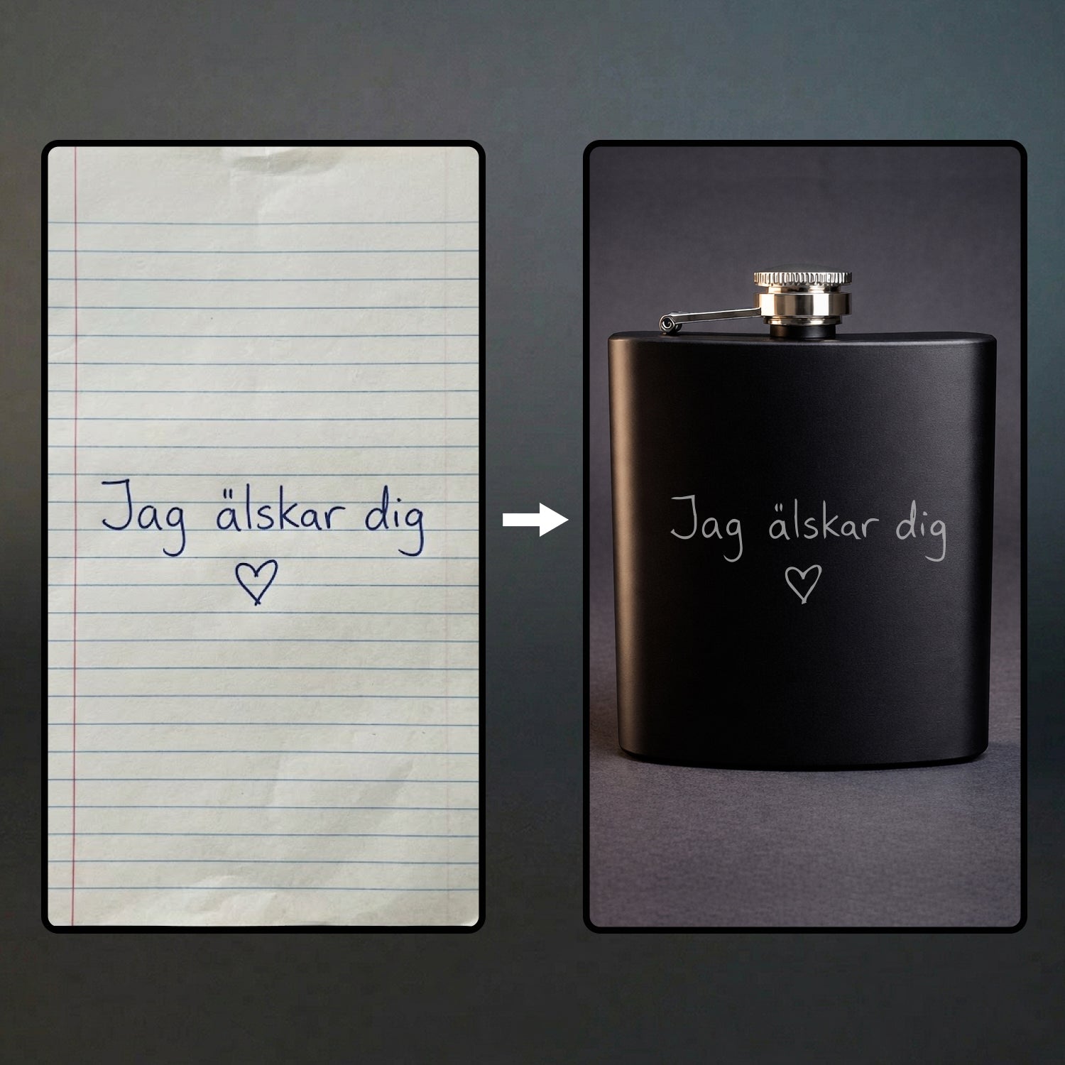 Svart fickplunta med personlig gravyr av egen handstil. Visar en handskriven lapp med texten 'Jag älskar dig' och ett hjärta, som överförts till en exakt gravyr på pluntan.