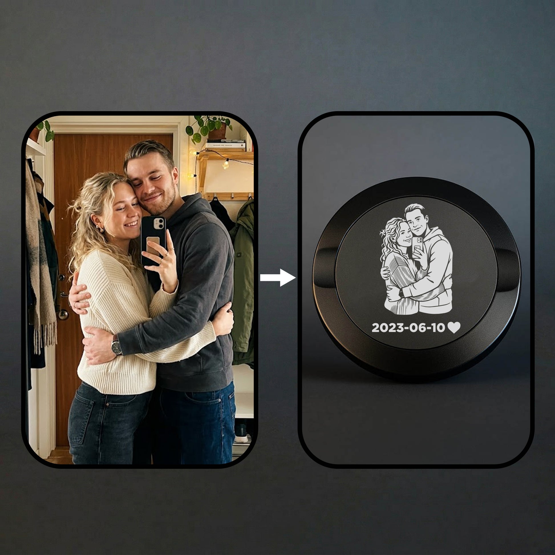 En bild på ett par som tar en bild i en spegel & samma bild fast graverad på en snusdosa