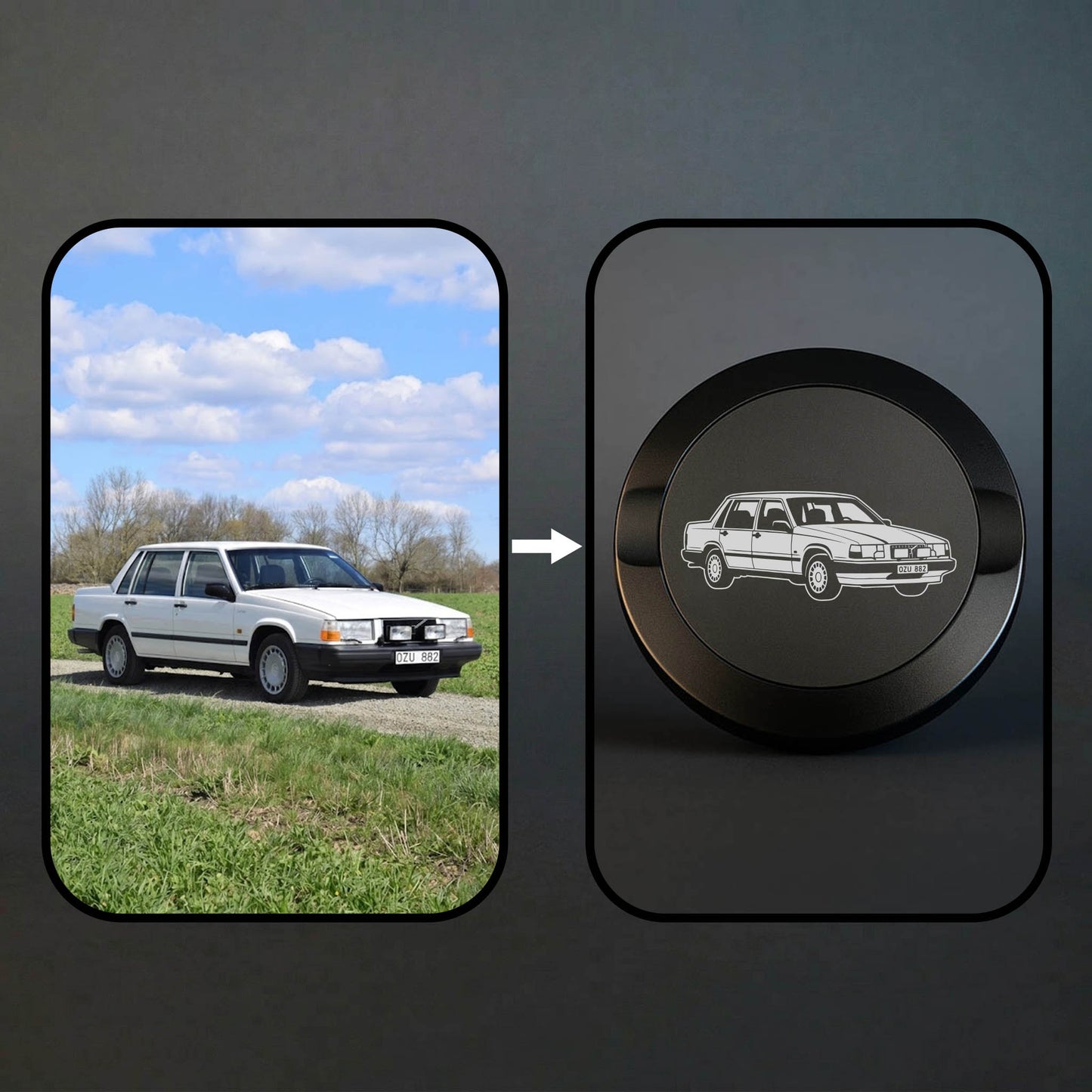 En bild på en bil (Volvo) & en bild på en snusdosa med bilden på bilen graverad på dosan