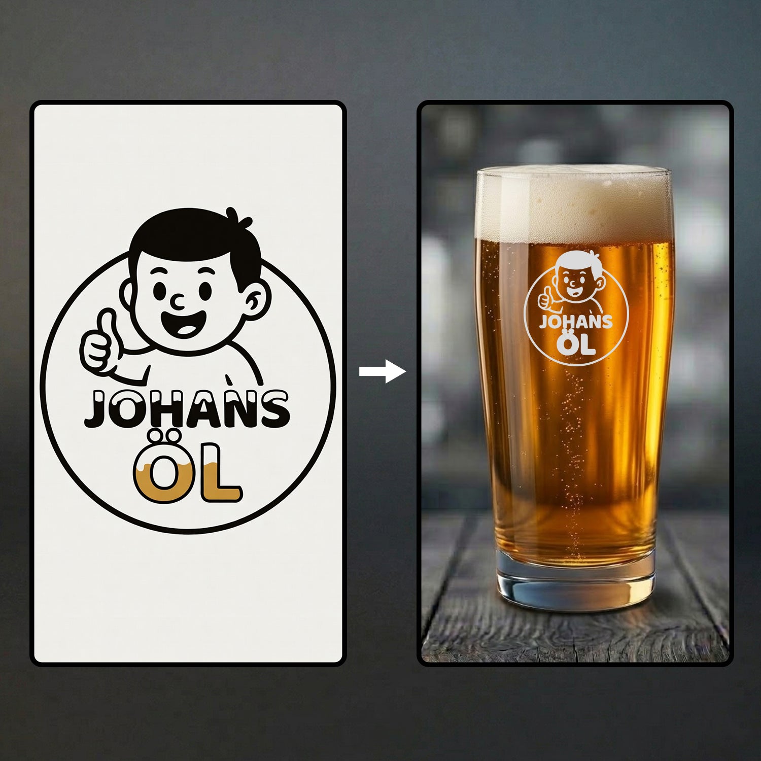 Exempel på personligt ölglas med gravyr av en egen illustration. Till vänster syns originaldesignen med en tecknad figur som gör tummen upp, och till höger det färdiga ölglaset med motivet inristat.