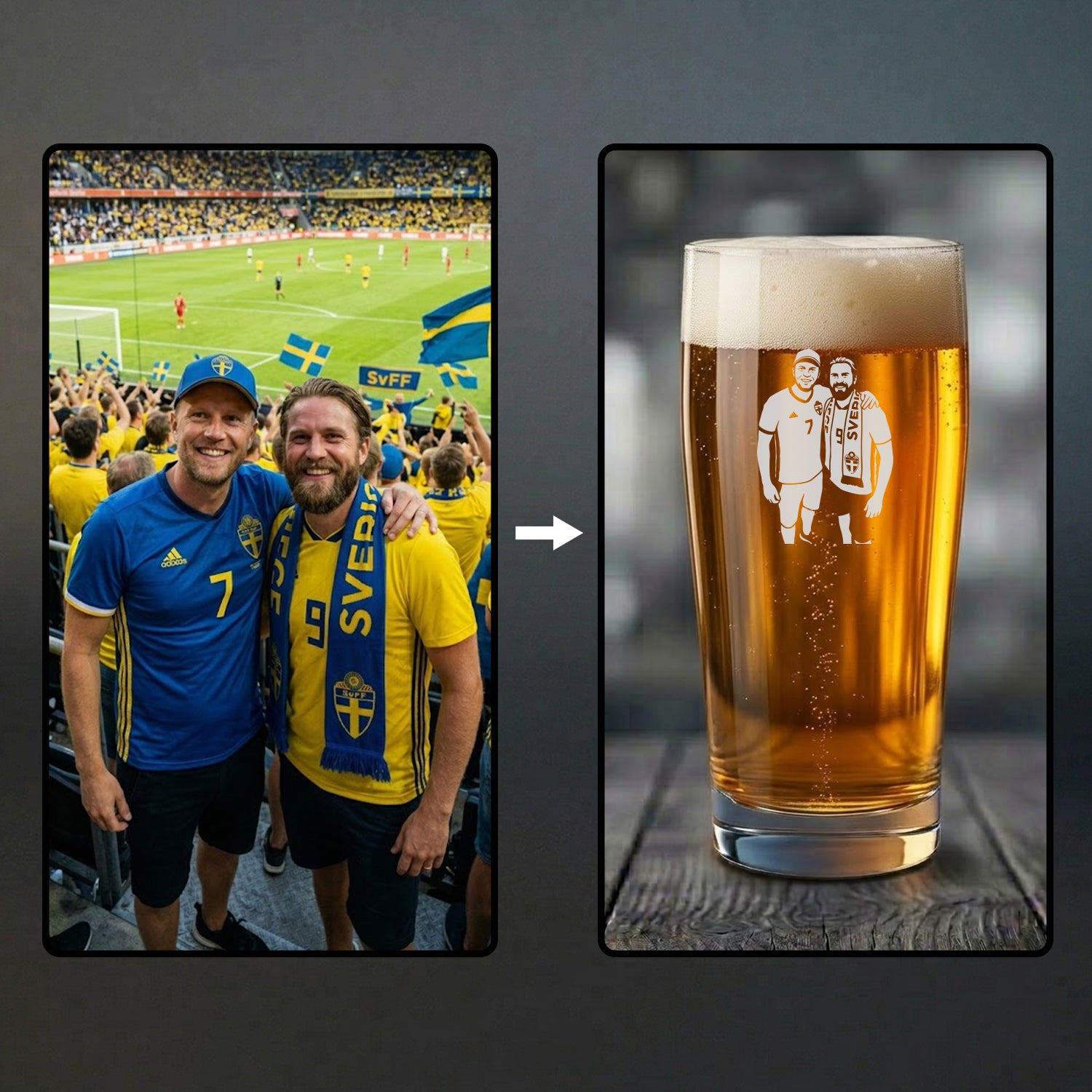 Graverat ölglas med eget foto. Bilden visar hur ett fotografi av två glada fotbollssupporters omvandlas till en detaljerad och snygg fotogravyr på ett fyllt ölglas.