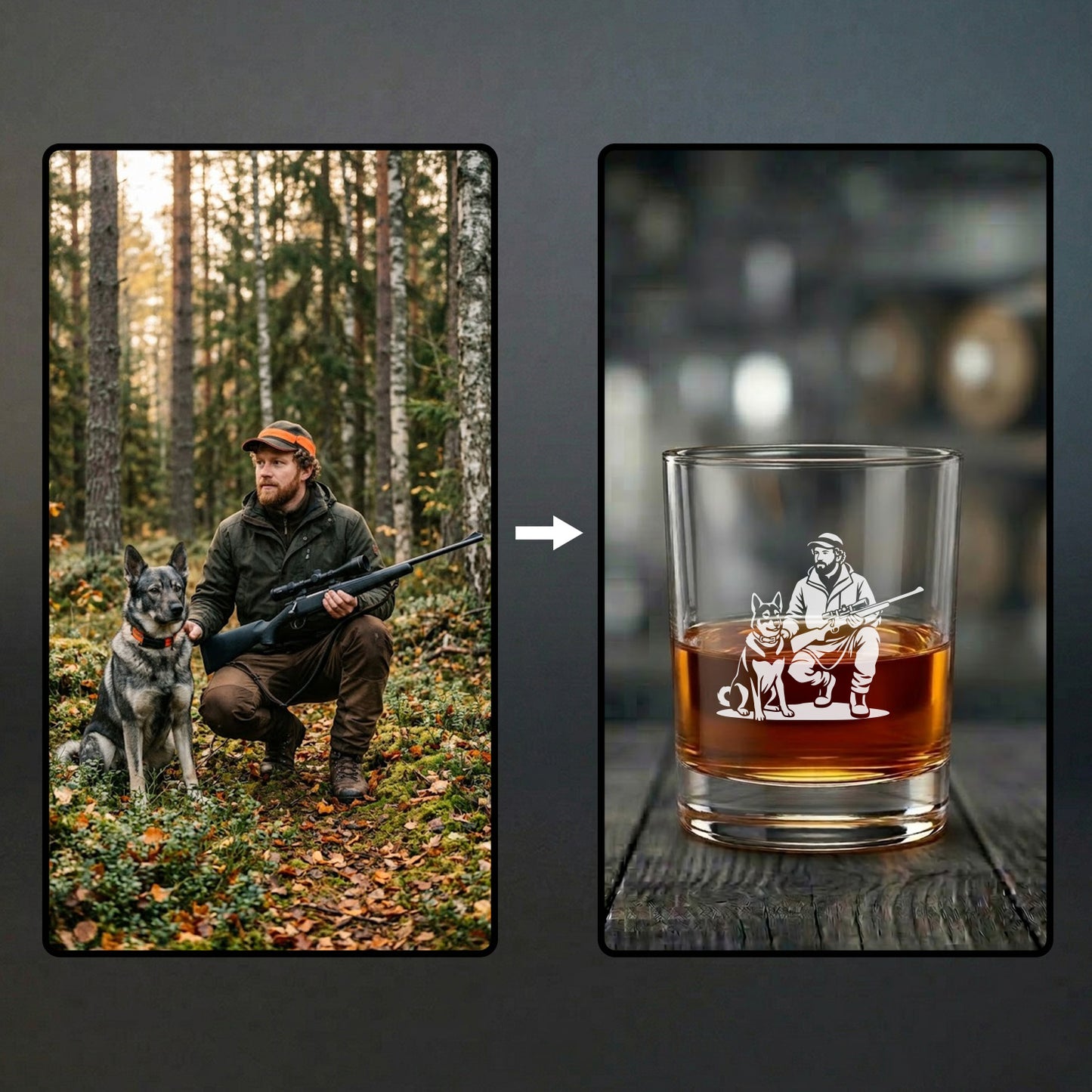 Ett graverat whiskyglas med en kunds egna bild på en jägare och en hund i skogen. Exempel på hur vi förvandlar ditt foto till en detaljerad fotogravyr – en perfekt personlig present till jägaren