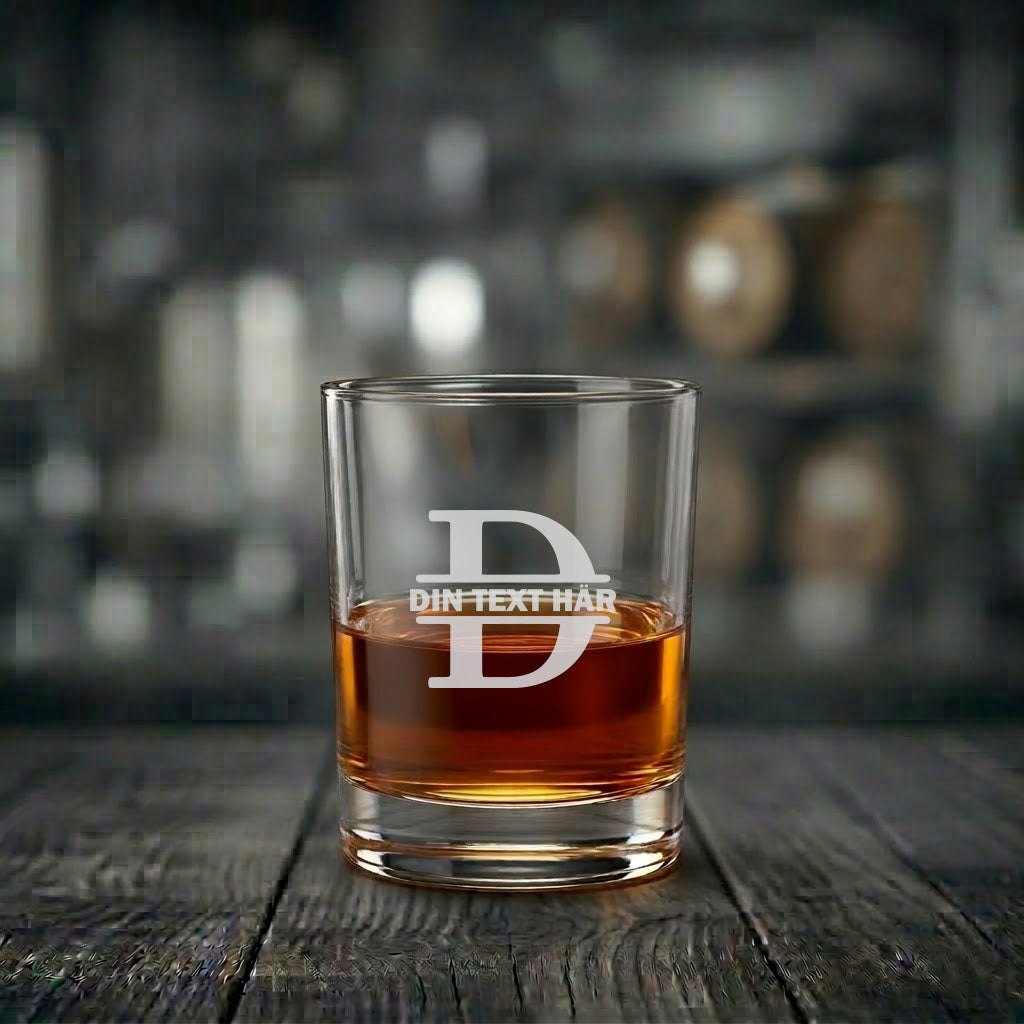 Ett exklusivt graverat whiskyglas med monogram av bokstaven D och plats för egen personlig text.