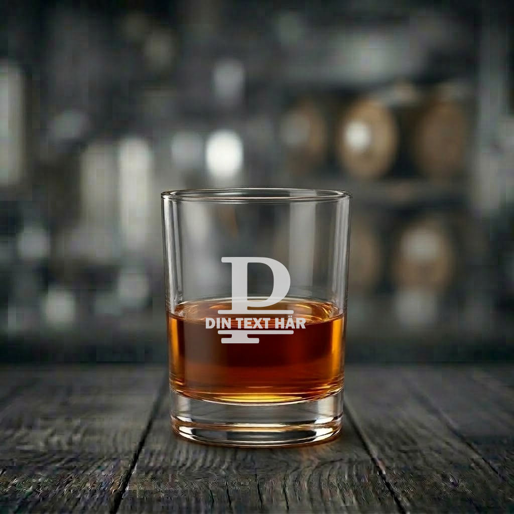 Ett exklusivt graverat whiskyglas med monogram av bokstaven P och plats för egen personlig text.