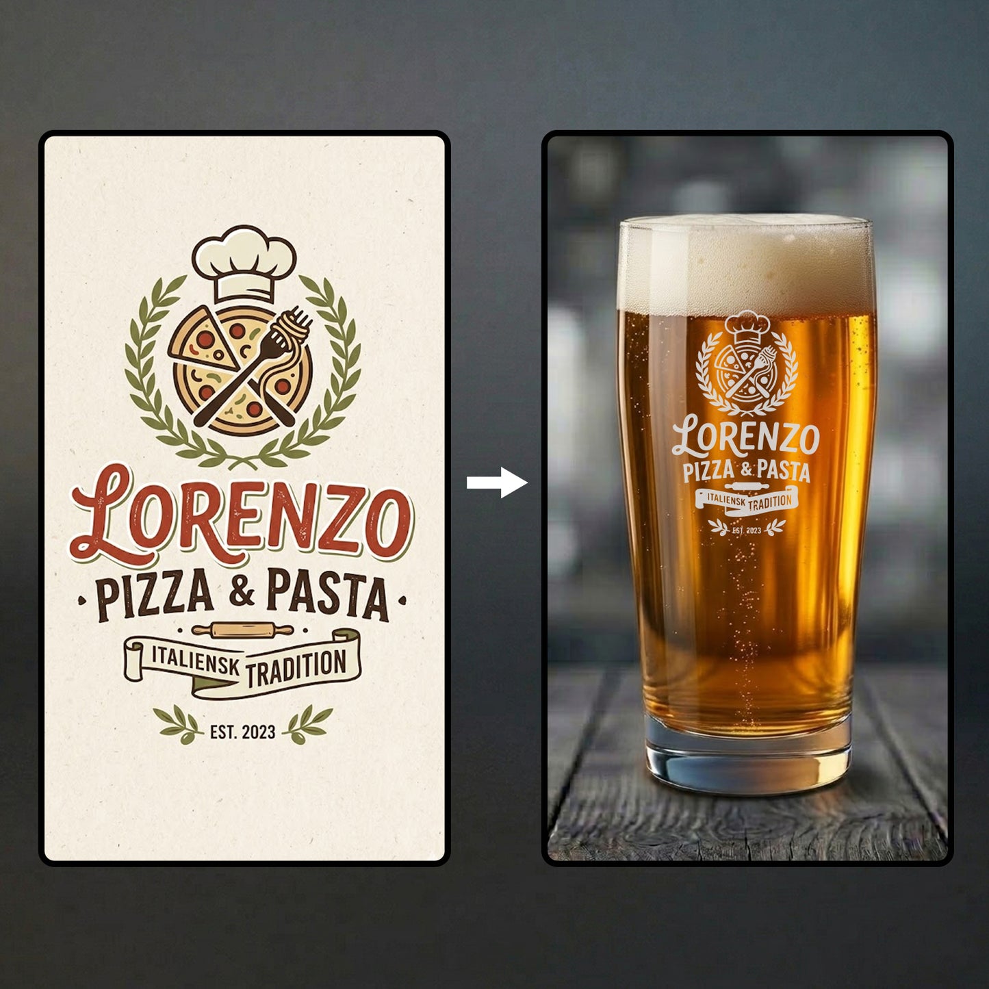 Exempel på ölglas med gravyr för företag. Till vänster syns originalloggan och till höger det färdiggraverade ölglaset med restaurangens logotyp vackert inristad i glaset.