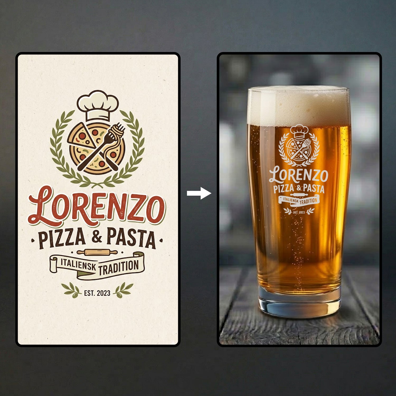 Exempel på ölglas med gravyr för företag. Till vänster syns originalloggan och till höger det färdiggraverade ölglaset med restaurangens logotyp vackert inristad i glaset.