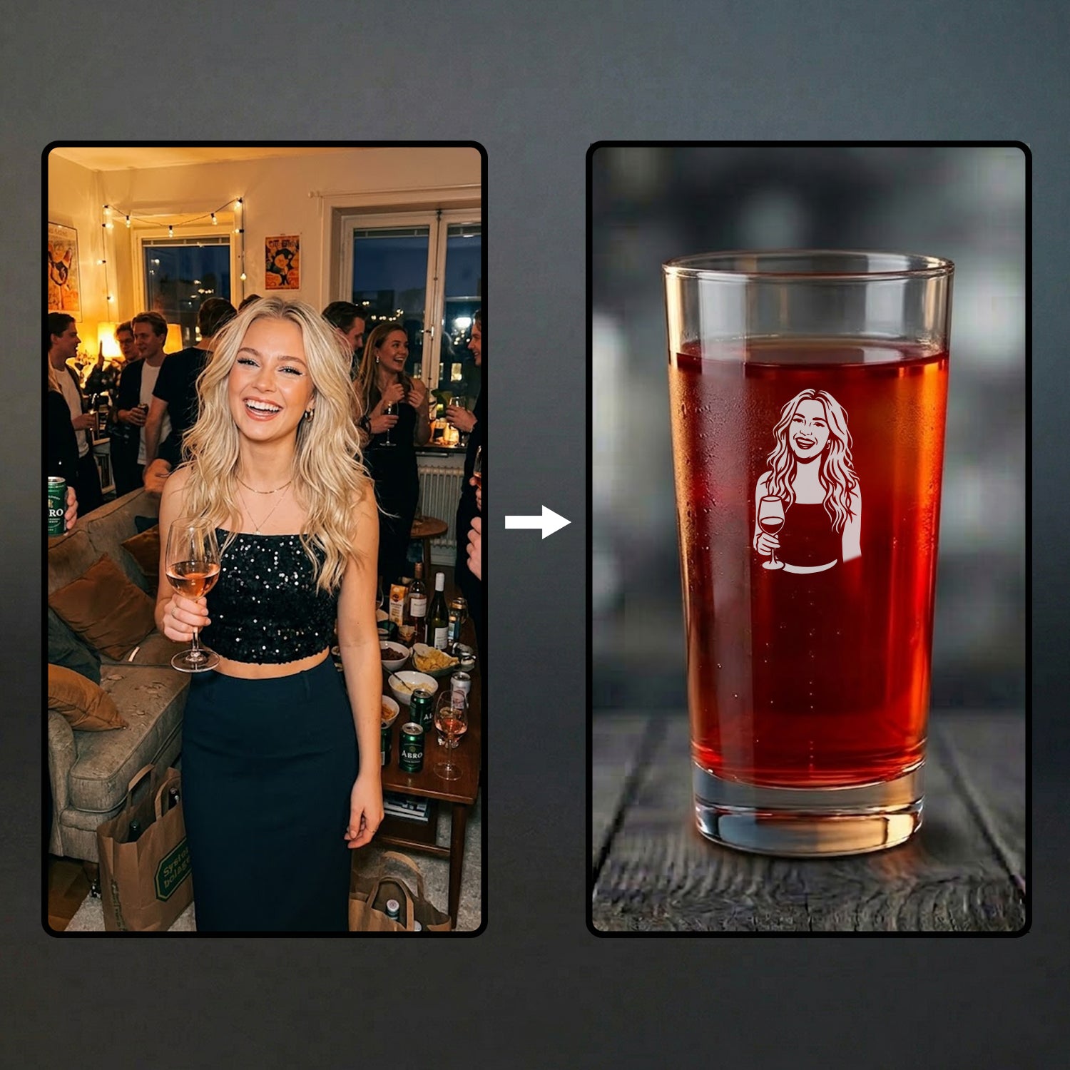 Före och efter-bild som visar hur ett vanligt foto på en tjej på en fest förvandlas till en unik och detaljerad gravyr på ett personligt 40cl drinkglas med egen design från Fenira.