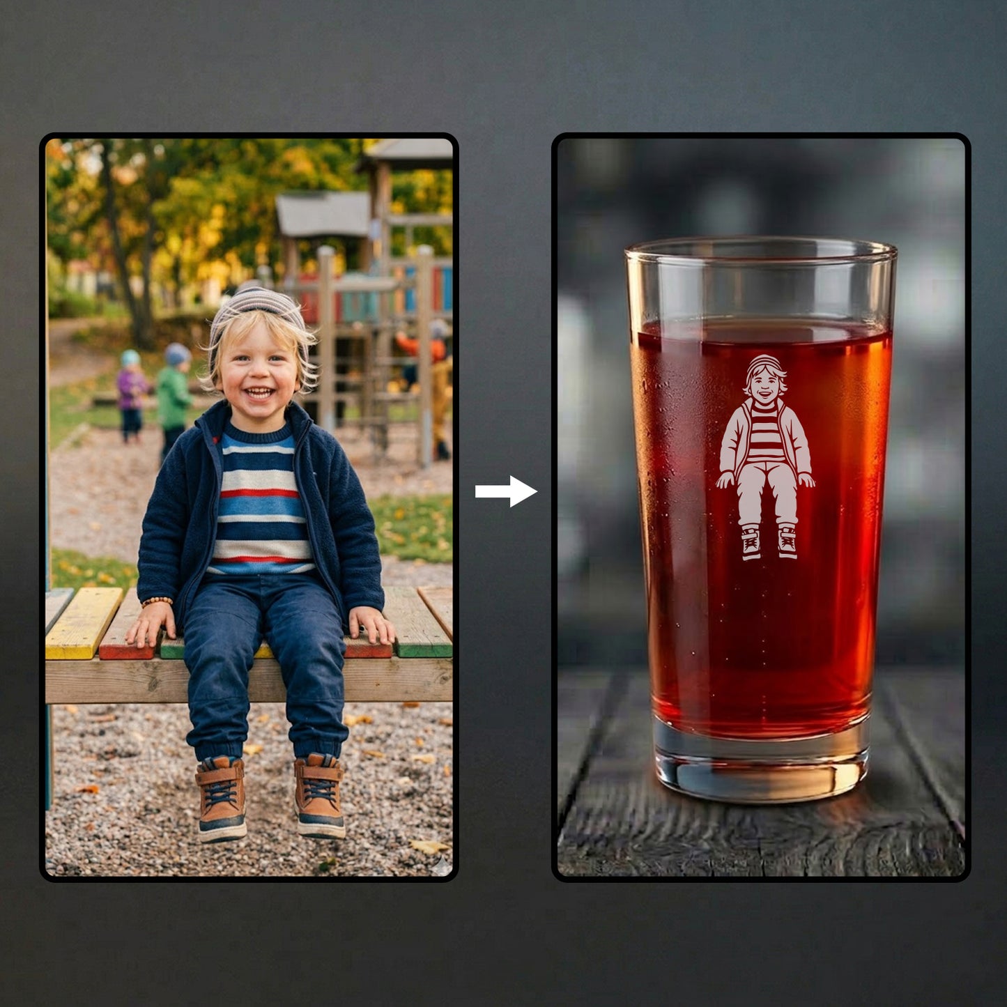 Drinkglas 40cl med egen design från Fenira. Bilden illustrerar hur du kan förvandla dina favoritfoton på familj och barn till unika, graverade motiv direkt på glaset – en perfekt och personlig gåva.