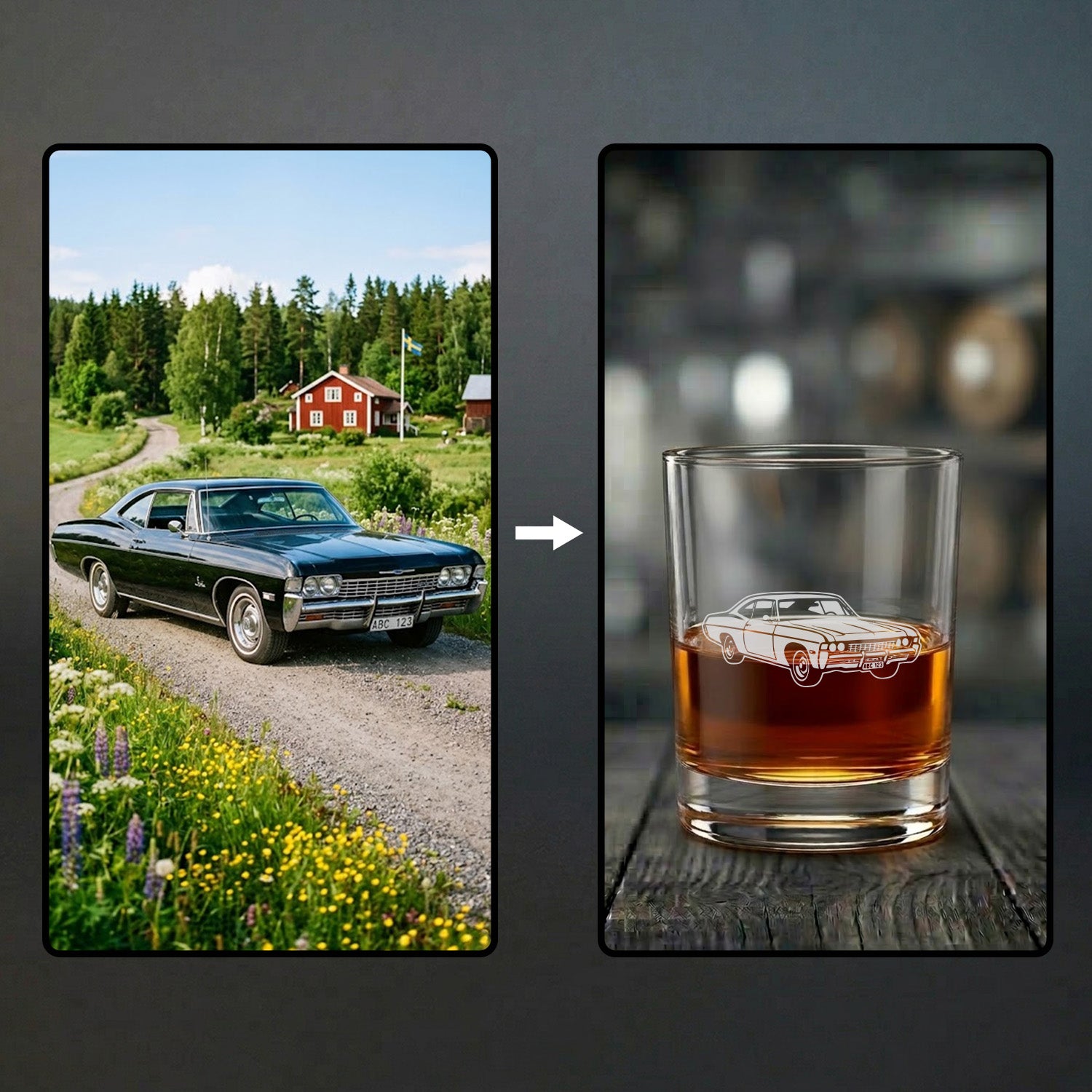 Graverat whiskyglas med ett detaljerat motiv av en klassisk veteranbil, skapat från kundens egna foto. Visar hur du kan beställa ett skräddarsytt whiskyglas med gravyr av din egen favoritbil