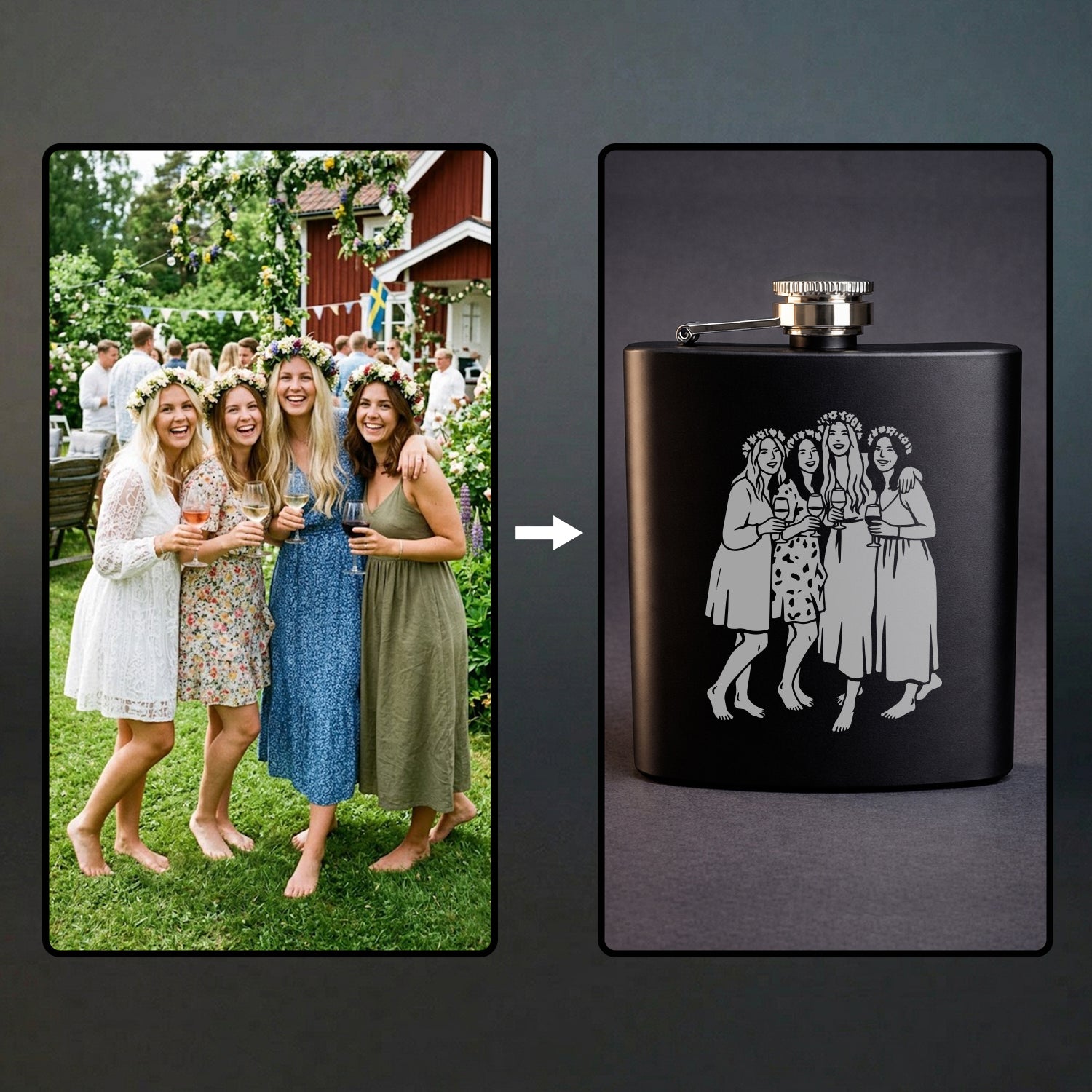 Svart fickplunta med personlig fotogravyr. En före- och efterbild som visar hur ett fotografi av fyra vänner på midsommar har omvandlats till en vacker, graverad linjeillustration på pluntan.