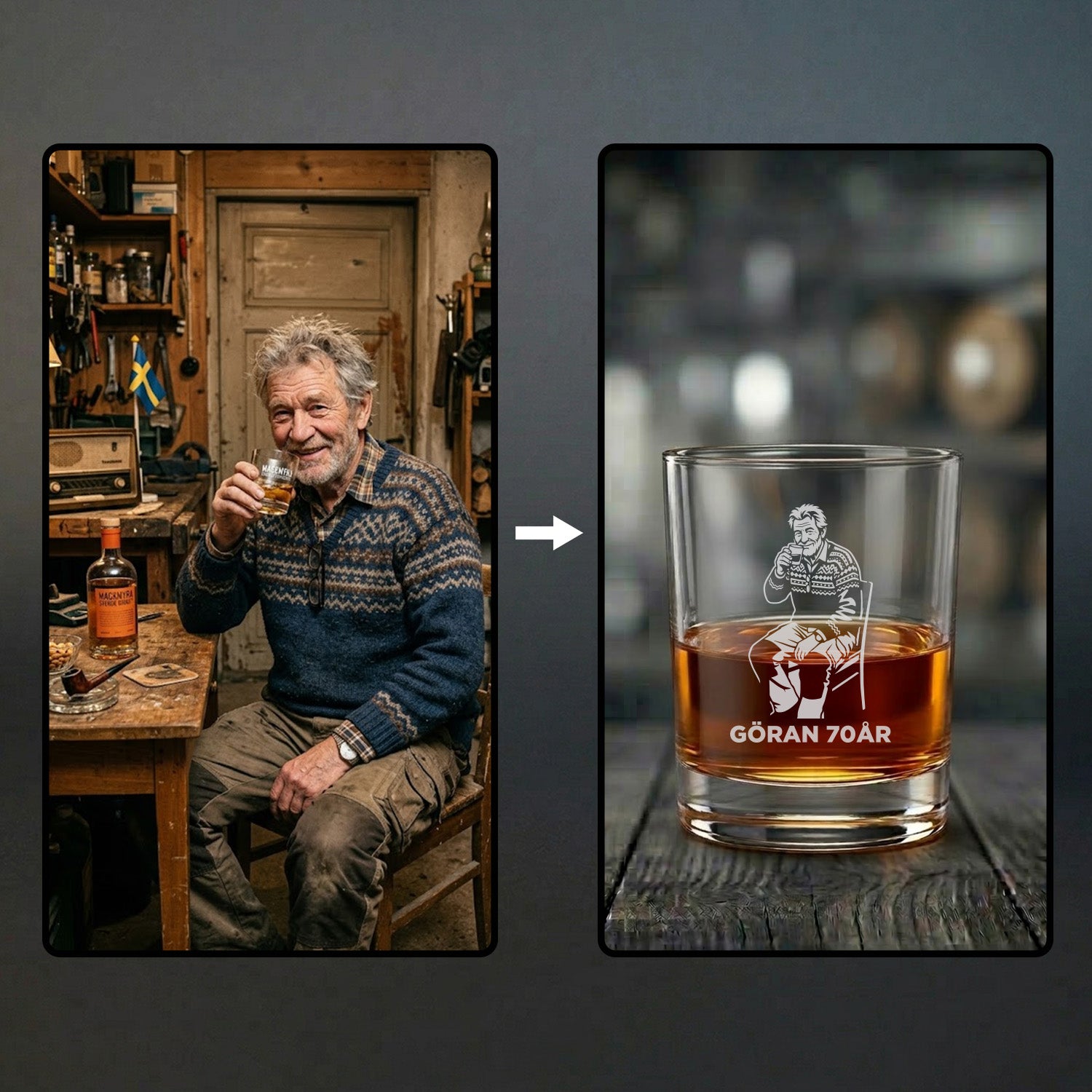Personligt whiskyglas med fotogravyr från en kunds bild, komplett med den graverade texten "Göran 70år". Ett unikt presenttips för födelsedagar som kombinerar eget foto och valfri text på glaset